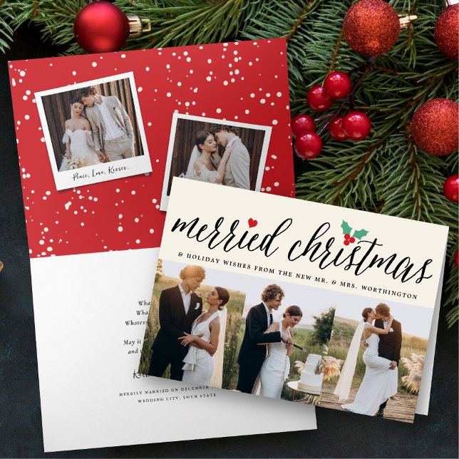 Merried Christmas Holly Mistletoe 3 Photo Wedding Holiday Card ('Merried Christmas' Holly Mistletoe 3 Photo Holiday Wedding Announcement Card by fatfatin)