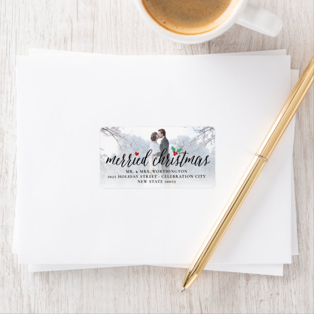 Merried Christmas Holly Mistletoe Photo Address Label (Insitu)