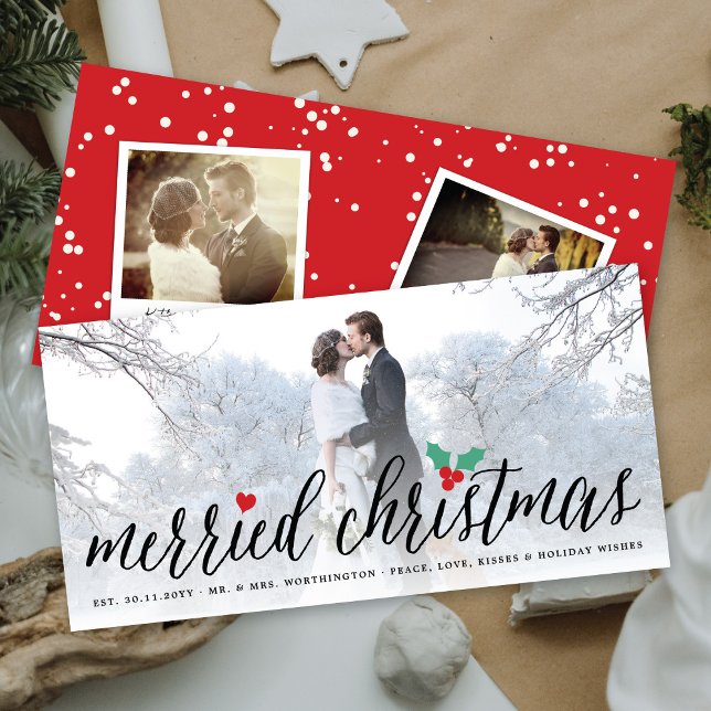 Merried Christmas Holly Mistletoe Photo Wedding Holiday Card (Creator Uploaded)