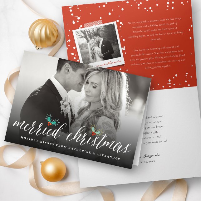 Merried Christmas Mr And Mrs Photo Modern Wedding Holiday Card ('Merried Christmas' Mistletoe Mr & Mrs 1st Christmas - Modern Holiday Wedding Photo Card by fatfatin)