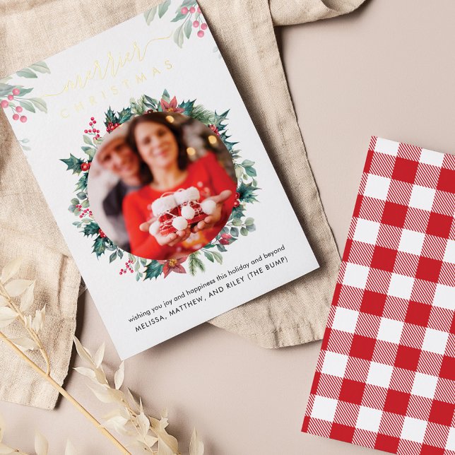 Merrier Christmas Pregnancy Baby Reveal Gold Foil Holiday Card (Red and White Gingham Christmas Pregnancy Photo Botanical Announcement)