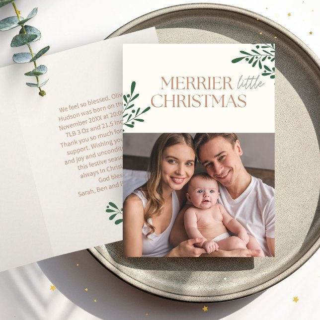 Merrier Little Christmas One Photo Greenery Card (Creator Uploaded)