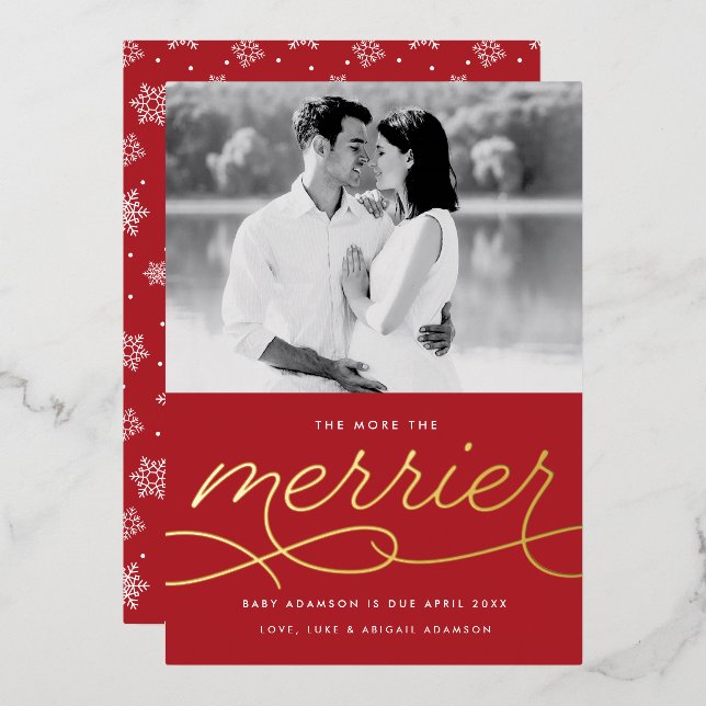 Merrier Pregnancy Announcement Foil Holiday Card (Front/Back)