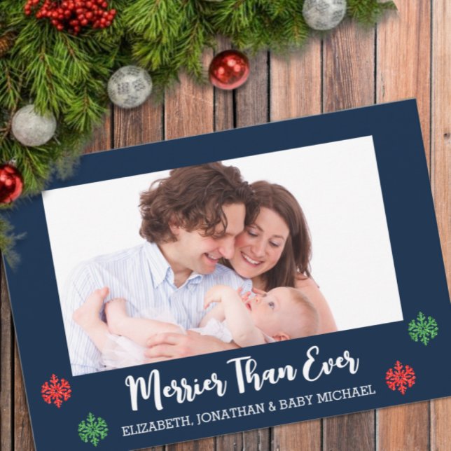 Merrier Than Ever New Baby Photo Snowflake Holiday Card (Creator Uploaded)