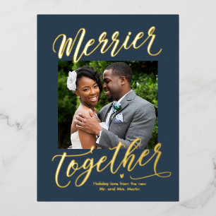 Merrier Together Editable Colour Newlywed Foil Foi Holiday Postcard