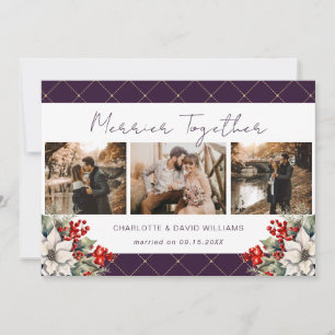 Merrier Together Purple Newlywed 3 Photo Botanical Holiday Card