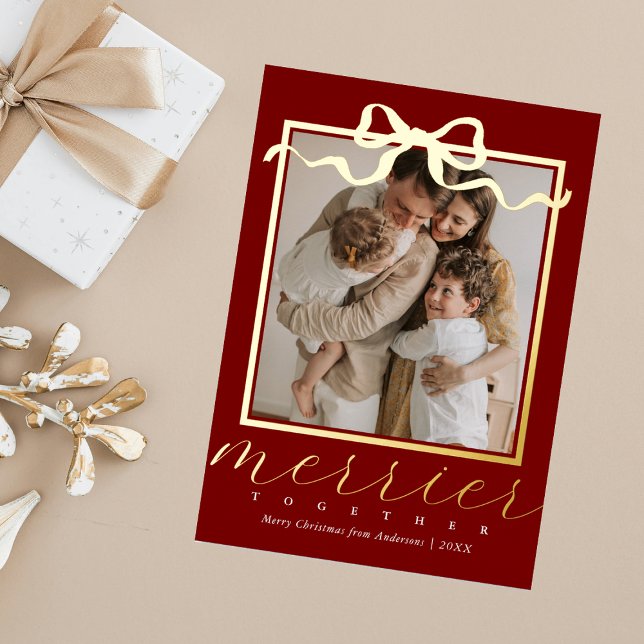 Merrier Together Red Photo Elegant Christmas Foil Holiday Card (Creator Uploaded)