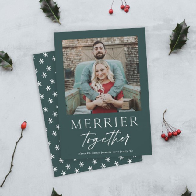 Merrier Together Script Photo Merry Christmas Card (Modern Green Merrier Together Script Photo Christmas Holiday Cards.)