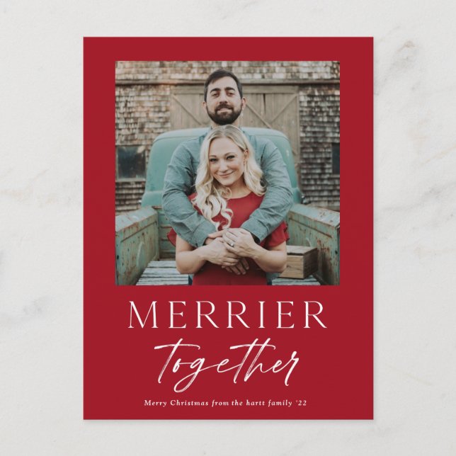 Merrier Together Script Photo Merry Christmas Holiday Postcard (Front)