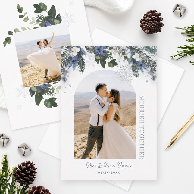 Merrier Together Silver Blue Green Winter Floral Foil Holiday Card (Creator Uploaded)