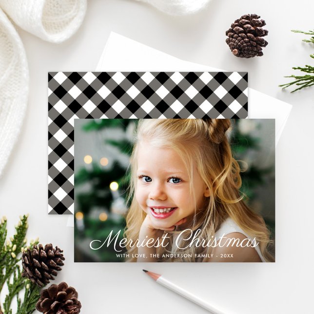 Merriest Christmas Black Buffalo Plaid Photo Holiday Card (Creator Uploaded)