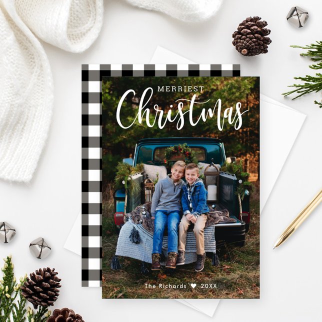 Merriest Christmas Black Buffalo Plaid Photo Holiday Card (Creator Uploaded)