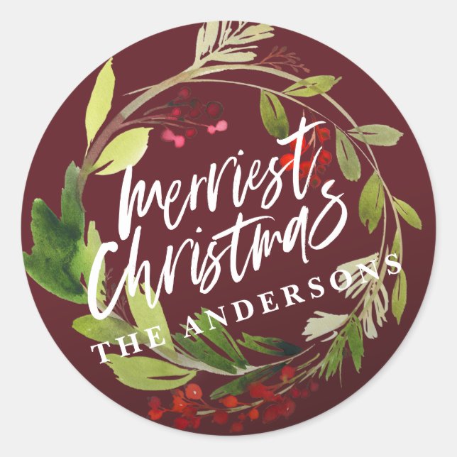 Merriest Christmas botanical wreath winter berry  Classic Round Sticker (Front)