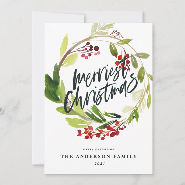 Merriest Christmas botanical wreath winter berry  Holiday Card (Front)