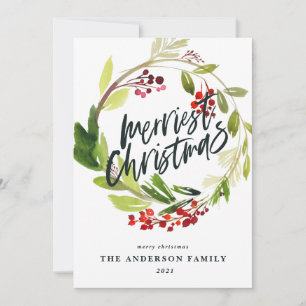 Merriest Christmas botanical wreath winter berry Holiday Card