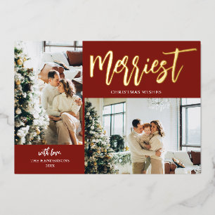 Merriest Christmas Brush Script Photo Red Foil Holiday Card