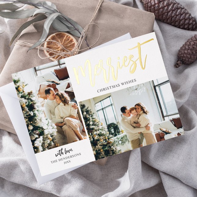 Merriest Christmas Brush Script Photo White Foil Holiday Card (Creator Uploaded)