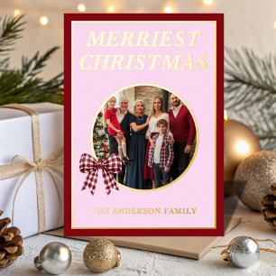 Merriest Christmas Burgundy Gingham Family Photo Foil Holiday Card