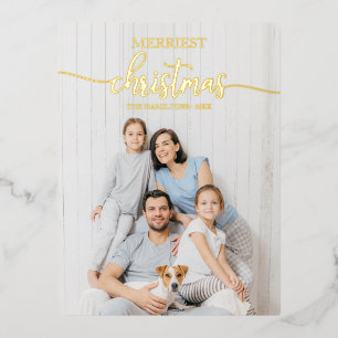 Merriest Christmas Chic Calligraphy Overlay Photo Foil Holiday Postcard