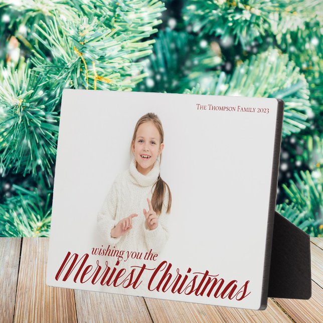 Merriest Christmas Chic Red Script Overlay Photo Plaque (Creator Uploaded)