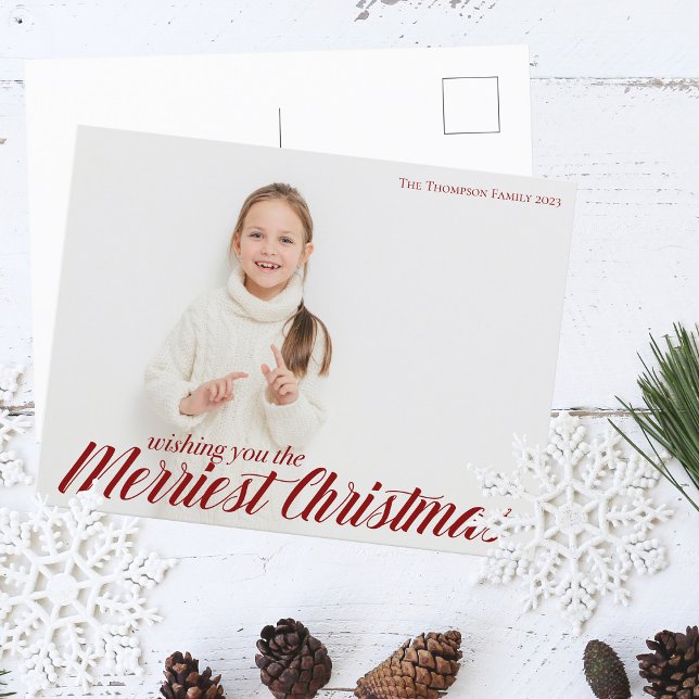 Merriest Christmas Chic Red Script Overlay Photo Postcard (Creator Uploaded)