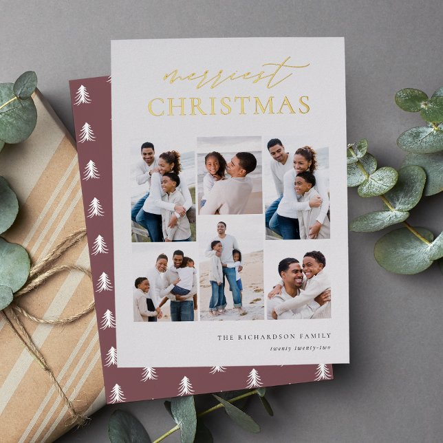 Merriest Christmas Elegant 6 Photo Collage Foil Holiday Card (Creator Uploaded)