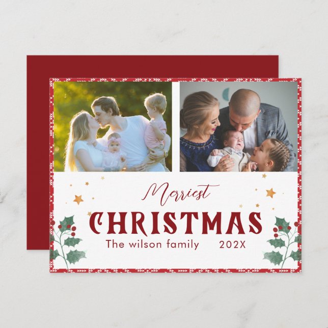 Merriest Christmas Elegant Typography 2 Pictures Holiday Card (Front/Back)