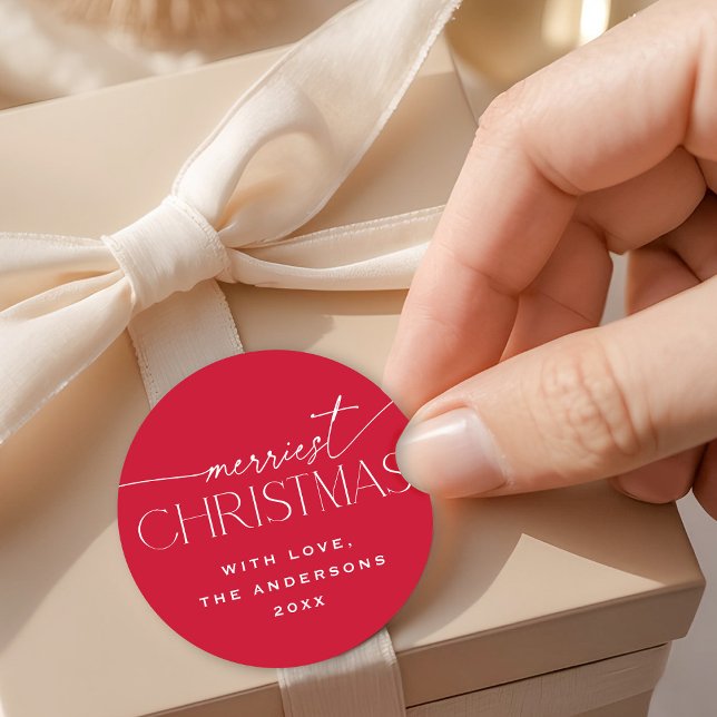 Merriest Christmas Elegant Typography Red Holiday Classic Round Sticker (Creator Uploaded)