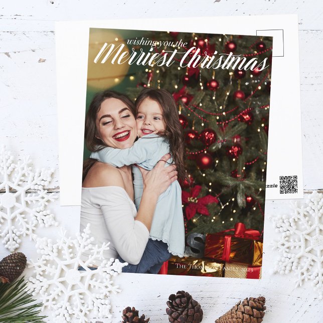 Merriest Christmas Elegant White Script Photo Postcard (Creator Uploaded)