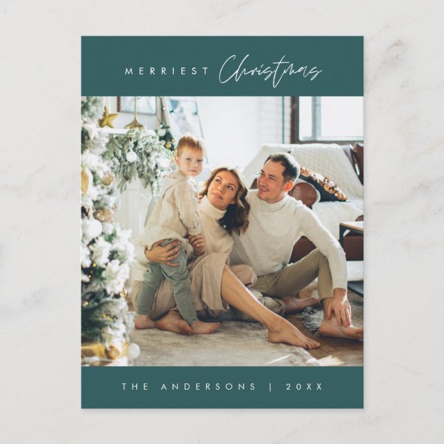 Merriest Christmas Family Photo, Emerald Green Postcard (Front)