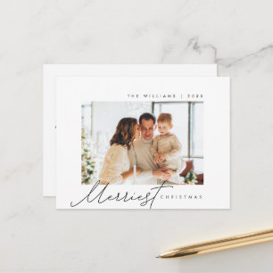 Merriest Christmas, Family Photo Minimalist Script Postcard
