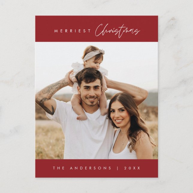 Merriest Christmas Family Photo, Modern Cosy Postcard (Front)