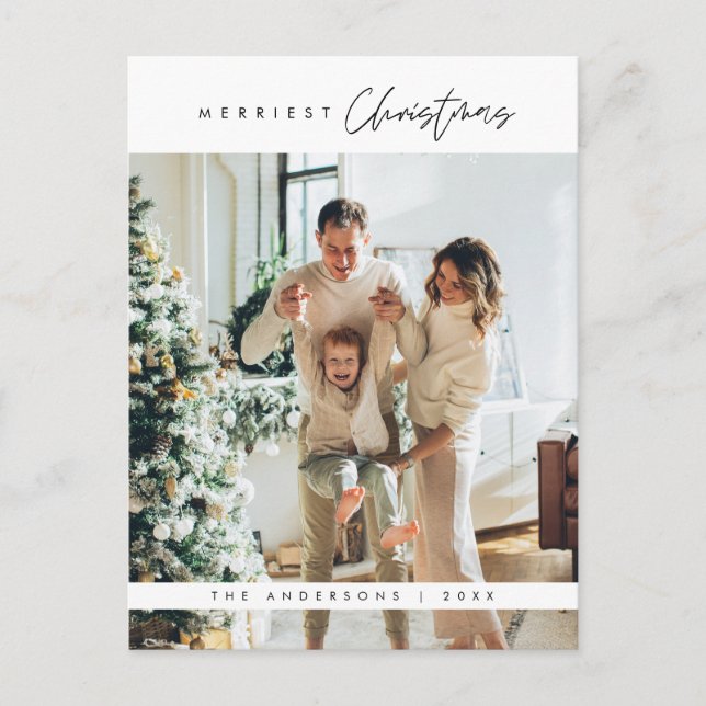 Merriest Christmas Family Photo, Modern Minimalist Postcard (Front)