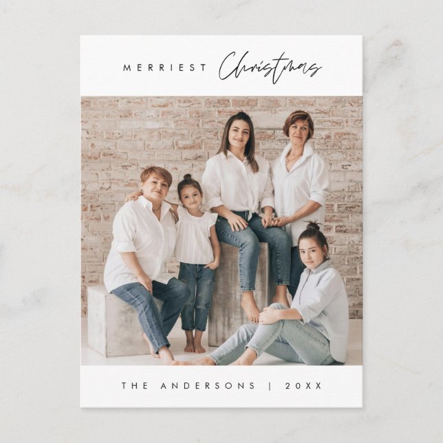 Merriest Christmas Family Photo, Modern Minimalist Postcard (Front)