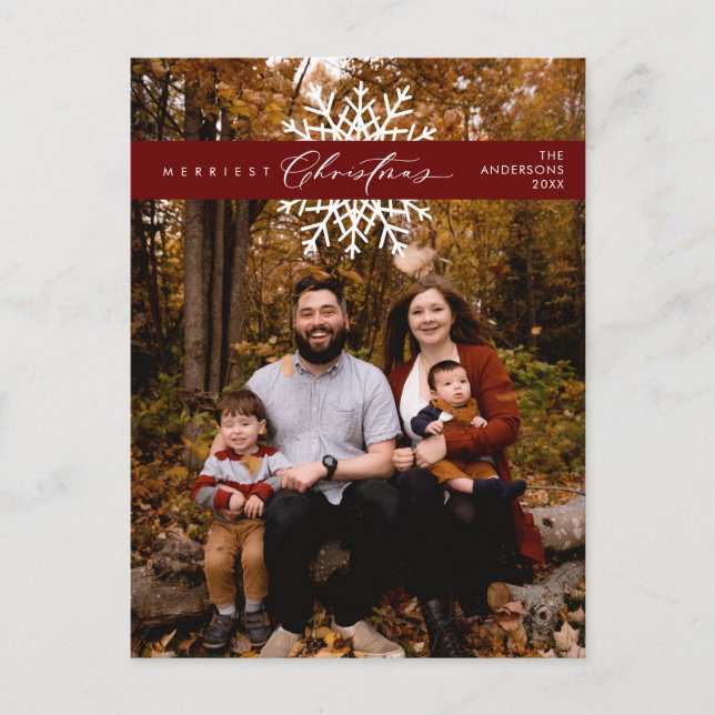 Merriest Christmas Family Photo, Snow Flakes Postcard (Front)