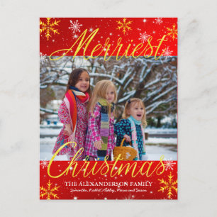 Merriest Christmas Family Photo Snowflakes Stars Holiday Postcard