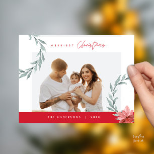 Merriest Christmas Family Photo, Watercolor Wreath Postcard