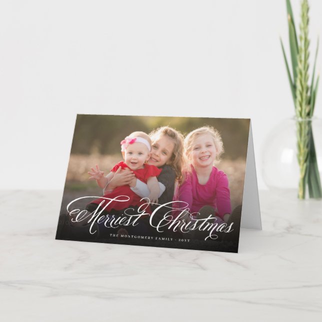 Merriest Christmas Fancy Script Elegant Photo Holiday Card (Front)