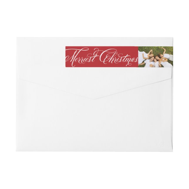 Merriest Christmas Fancy Script Photo Address Wrap Around Label (Back)