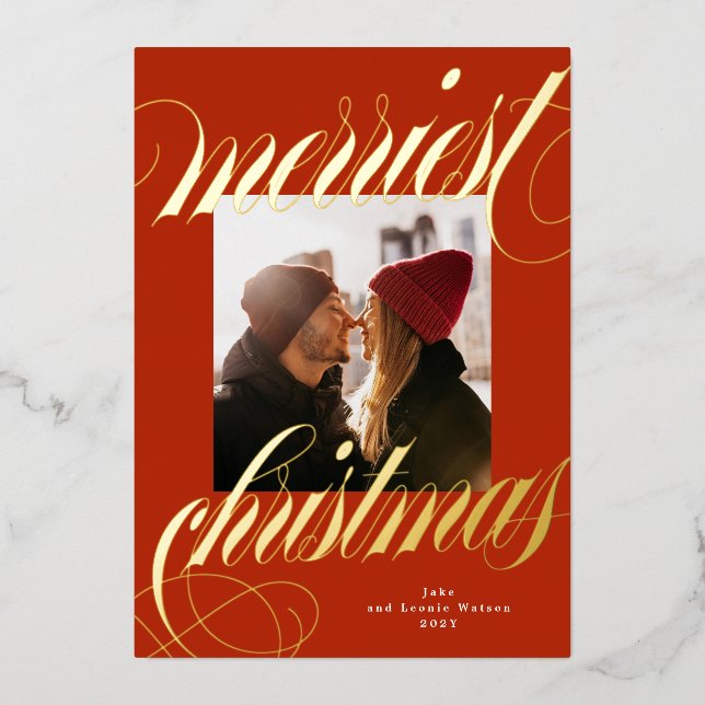 merriest christmas gold calligraphy red photo foil holiday card (Front)