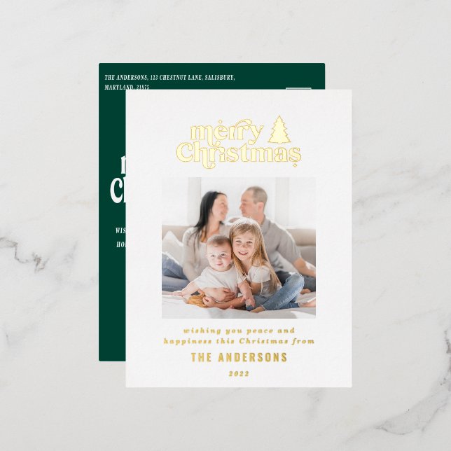 Merriest Christmas graphic typography photo  Foil  Foil Holiday Postcard (Front/Back)