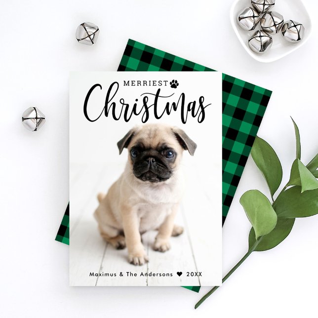 Merriest Christmas Green Buffalo Plaid Pet Photo Holiday Card (Creator Uploaded)