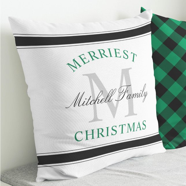 Merriest Christmas Green Family Monogram Cushion (Creator Uploaded)