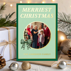 Merriest Christmas Green Gingham Bow Family Photo Foil Holiday Card