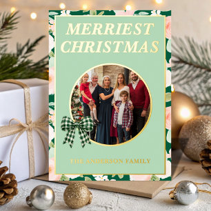Merriest Christmas Green Wildflower Family Photo Foil Holiday Card