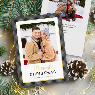 Merriest Christmas Grey Black Buffalo Plaid Photo Foil Holiday Card