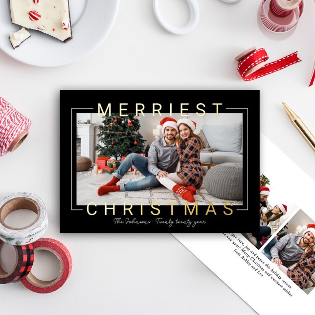 Merriest Christmas Modern Black Gold Foil Frame Foil Holiday Card (Creator Uploaded)