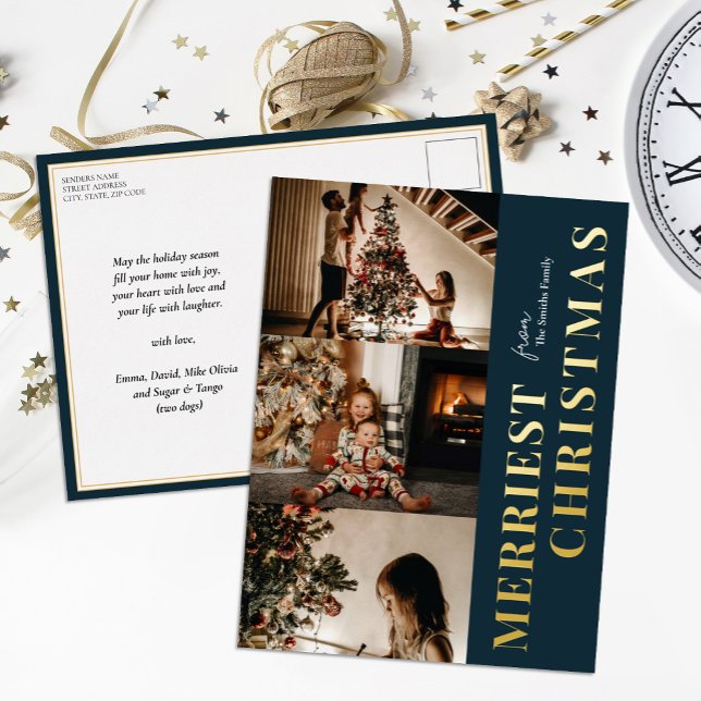 Merriest Christmas Modern Blue Gold Script Photo Foil Holiday Postcard (Creator Uploaded)