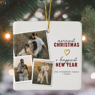 Merriest Christmas   Modern Boho 3 Photo Collage Ceramic Ornament