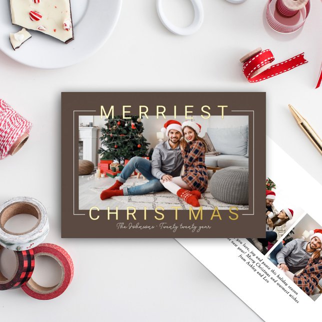 Merriest Christmas Modern Brown Gold Foil Frame Foil Holiday Card (Creator Uploaded)